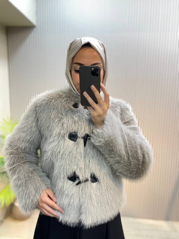 Hayal crop Gri kısa tüylü ceket
