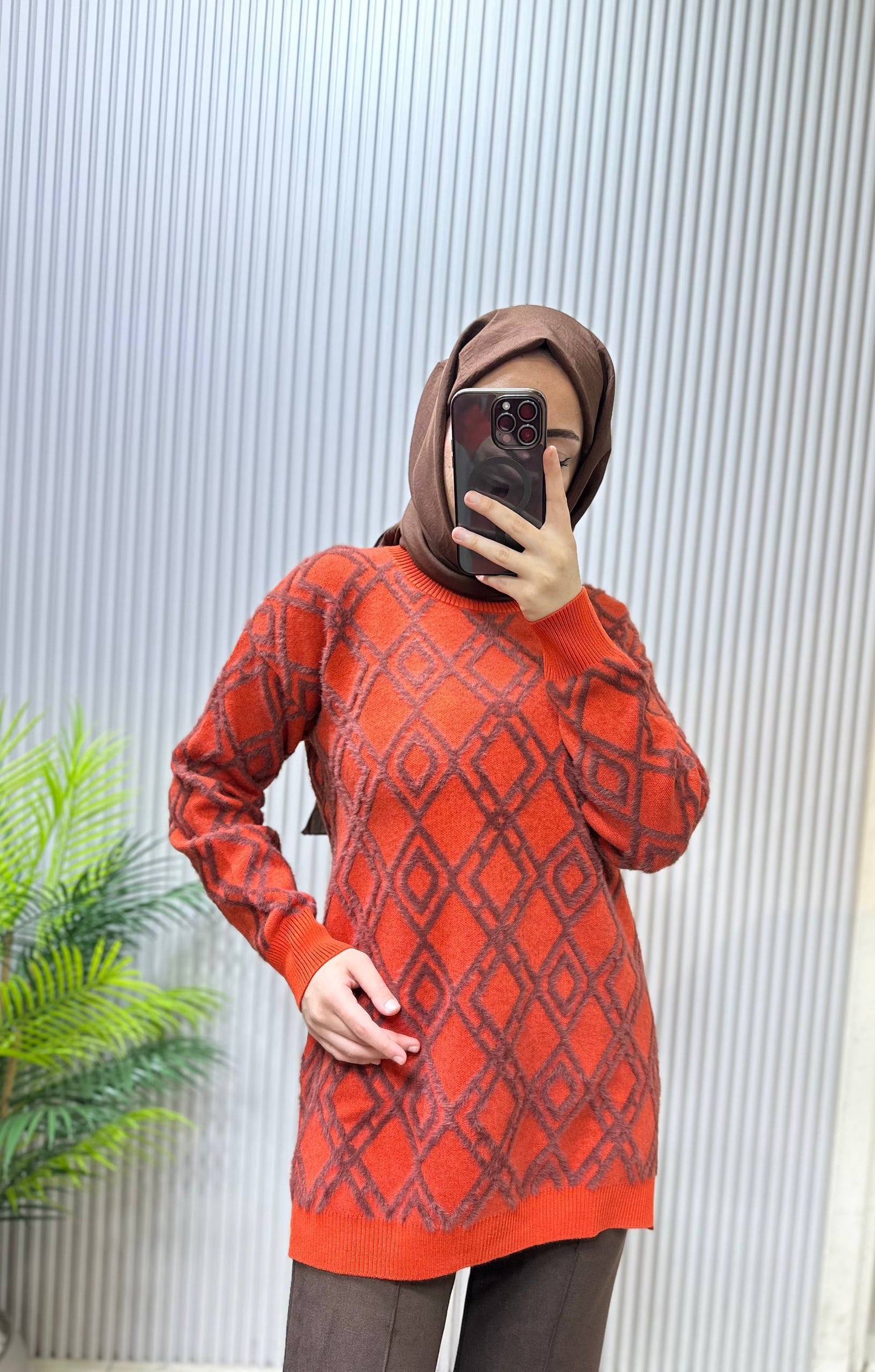 Tıg Triko Turuncu Baklava Desenli Triko