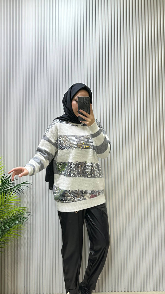 Tıg Triko Payet Detaylı Çizgili Tunik