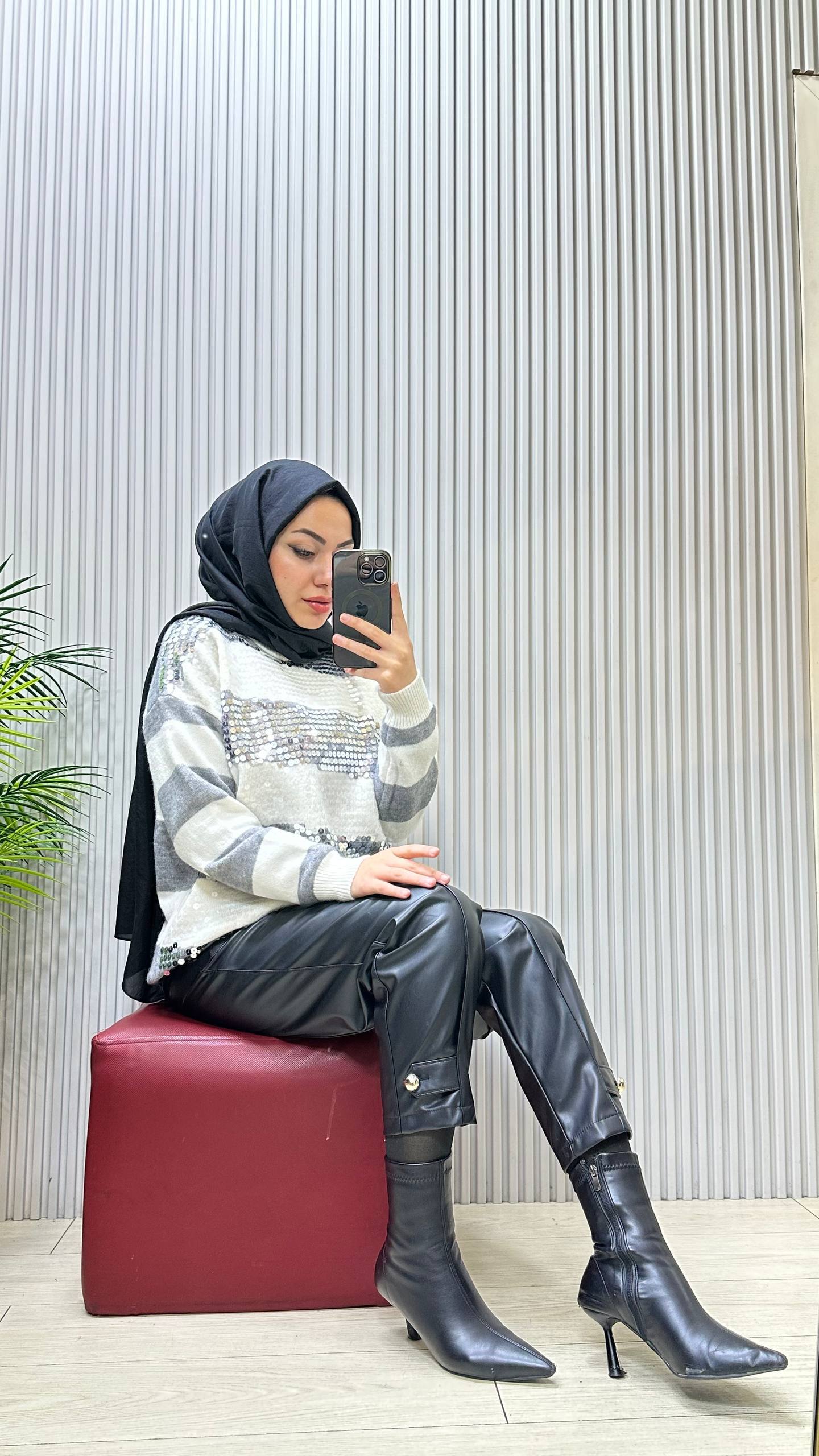 Tıg Triko Payet Detaylı Çizgili Tunik