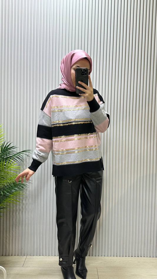 Tıg Triko Payet İşlemeli Renk Bloklu Bluz