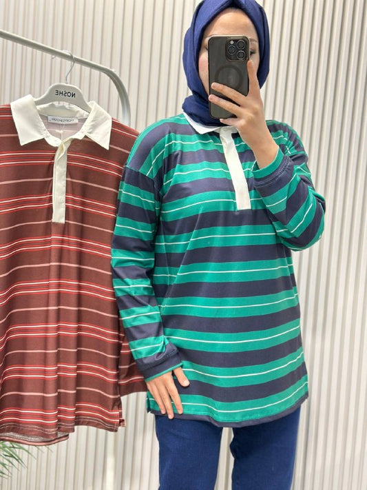 Kadriye Baştürk Polo Yaka Çizgili Oversize Sweatshirt