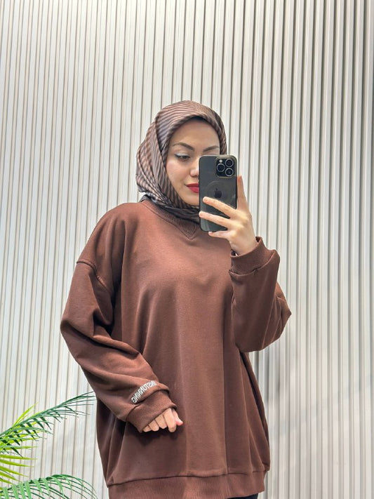 Minimalist Ekru Bisiklet Yaka Sweatshirt