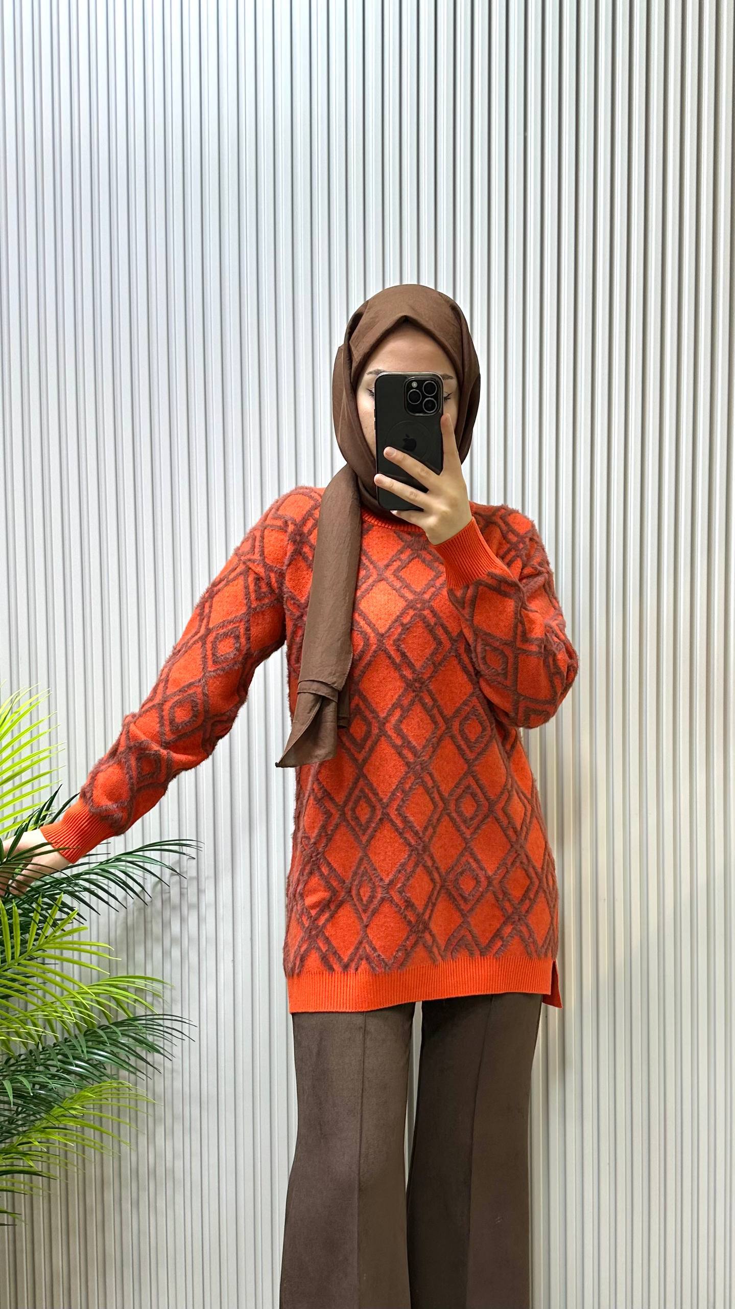 Tıg Triko Turuncu Baklava Desenli Triko