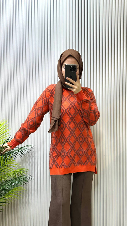 Tıg Triko Turuncu Baklava Desenli Triko