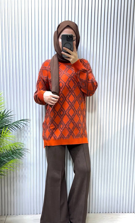 Tıg Triko Turuncu Baklava Desenli Triko