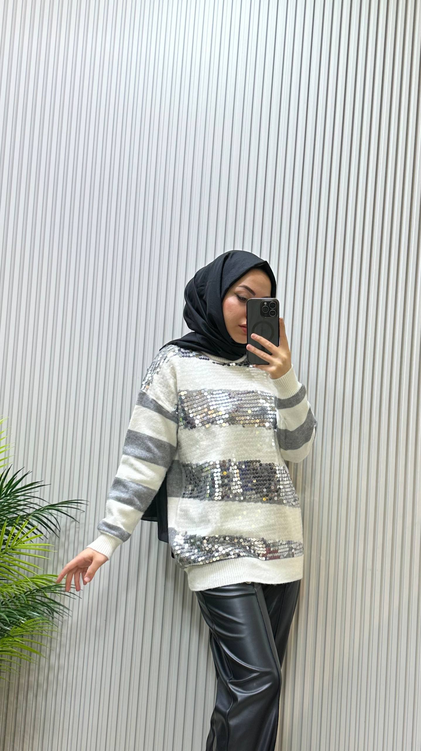 Tıg Triko Payet Detaylı Çizgili Tunik