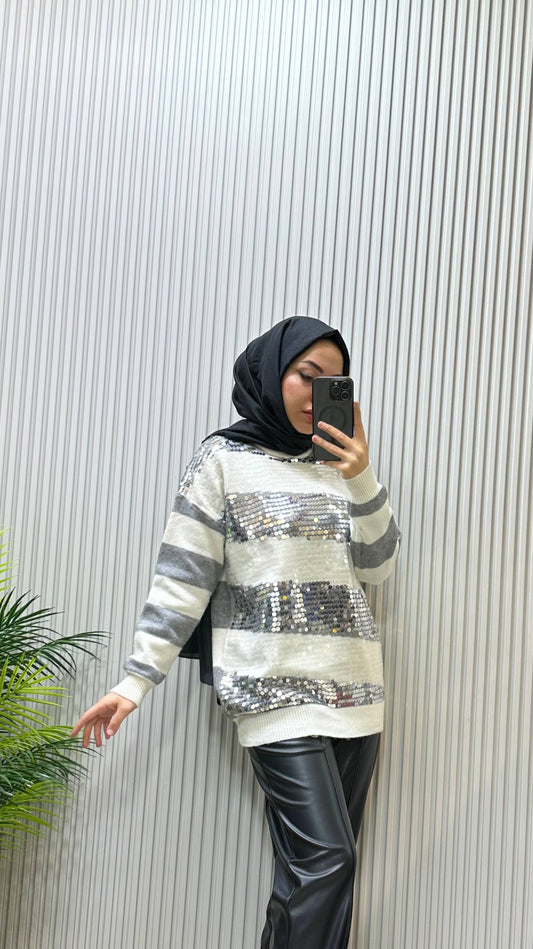 Tıg Triko Payet Detaylı Çizgili Tunik