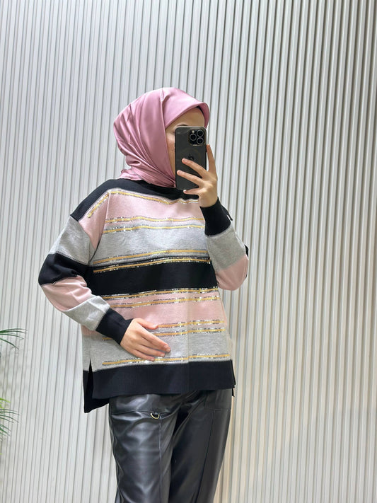 Tıg Triko Payet İşlemeli Renk Bloklu Bluz